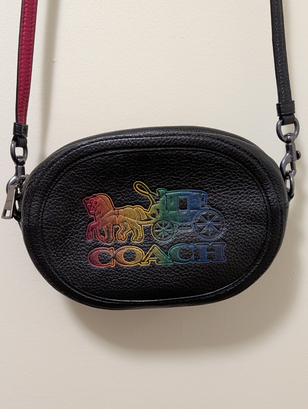 Coach Black Pebbled Leather Crossbody with Rainbow Coach Logo